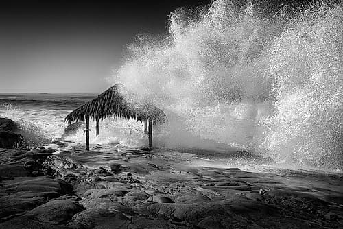 USA-California-La Jolla High surf at high tide inundates Windansea Surf Shack Coastal Print